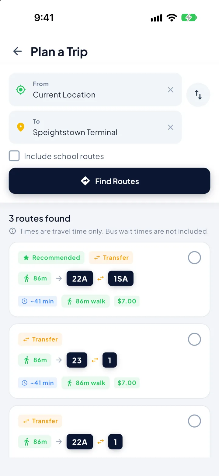 Transit246 app planning a trip across Barbados