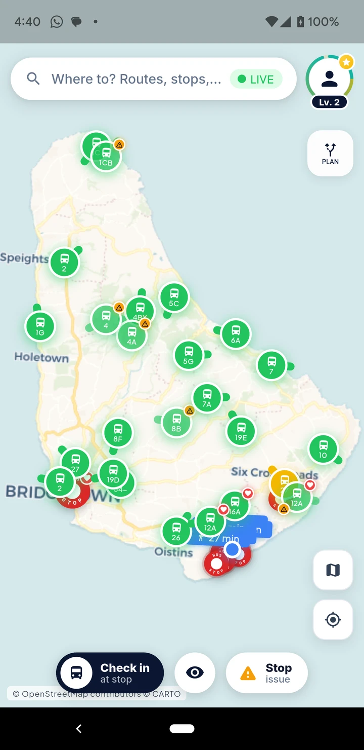 Transit246 app showing live buses across a map of Barbados