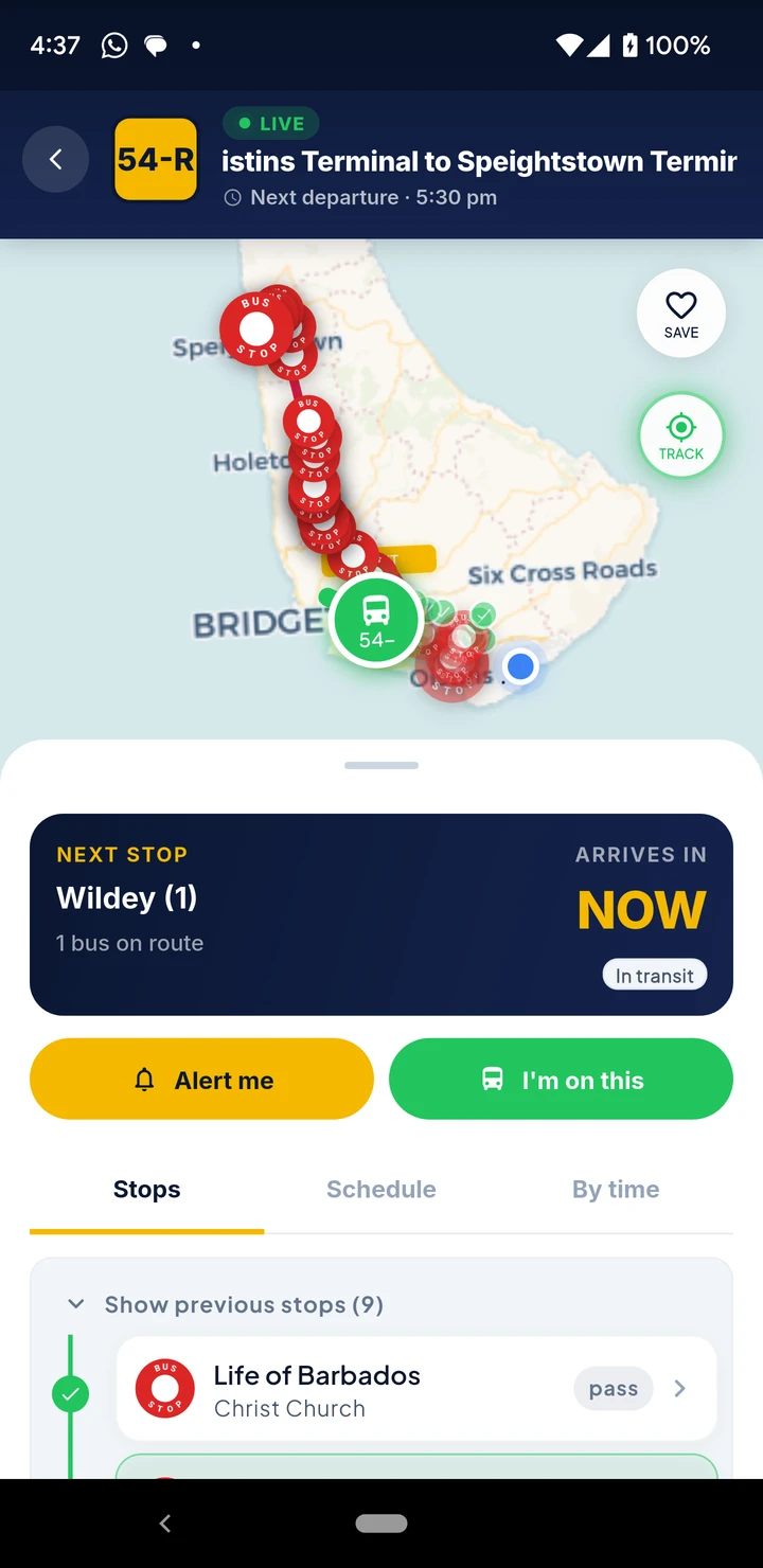 Transit246 app showing a live 54-R bus on its route with the next stop arriving now